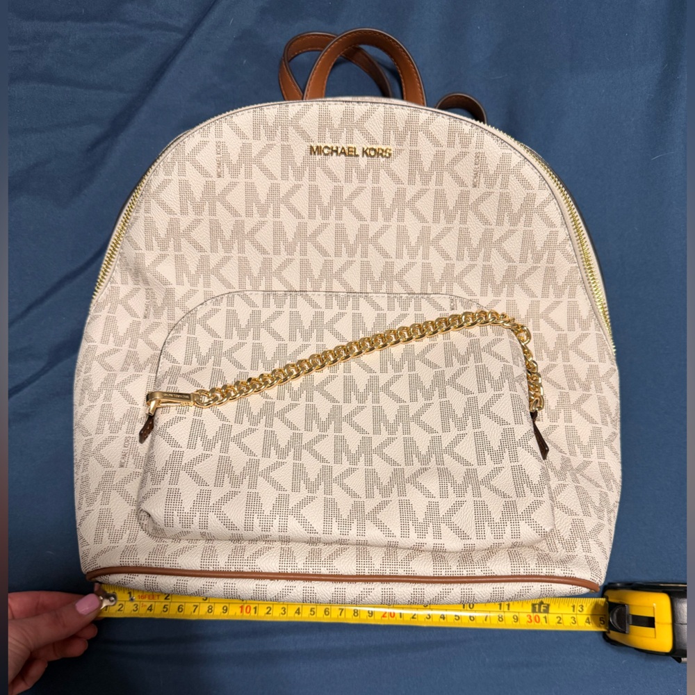 Michael Kors Cream and Brown Logo-Print Backpack with Gold Chain Accent LIKE NEW